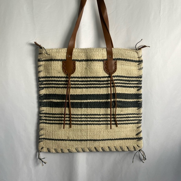 made in India Handbags - Striped Woven Tote in Cream and Black with Brown Leather Straps